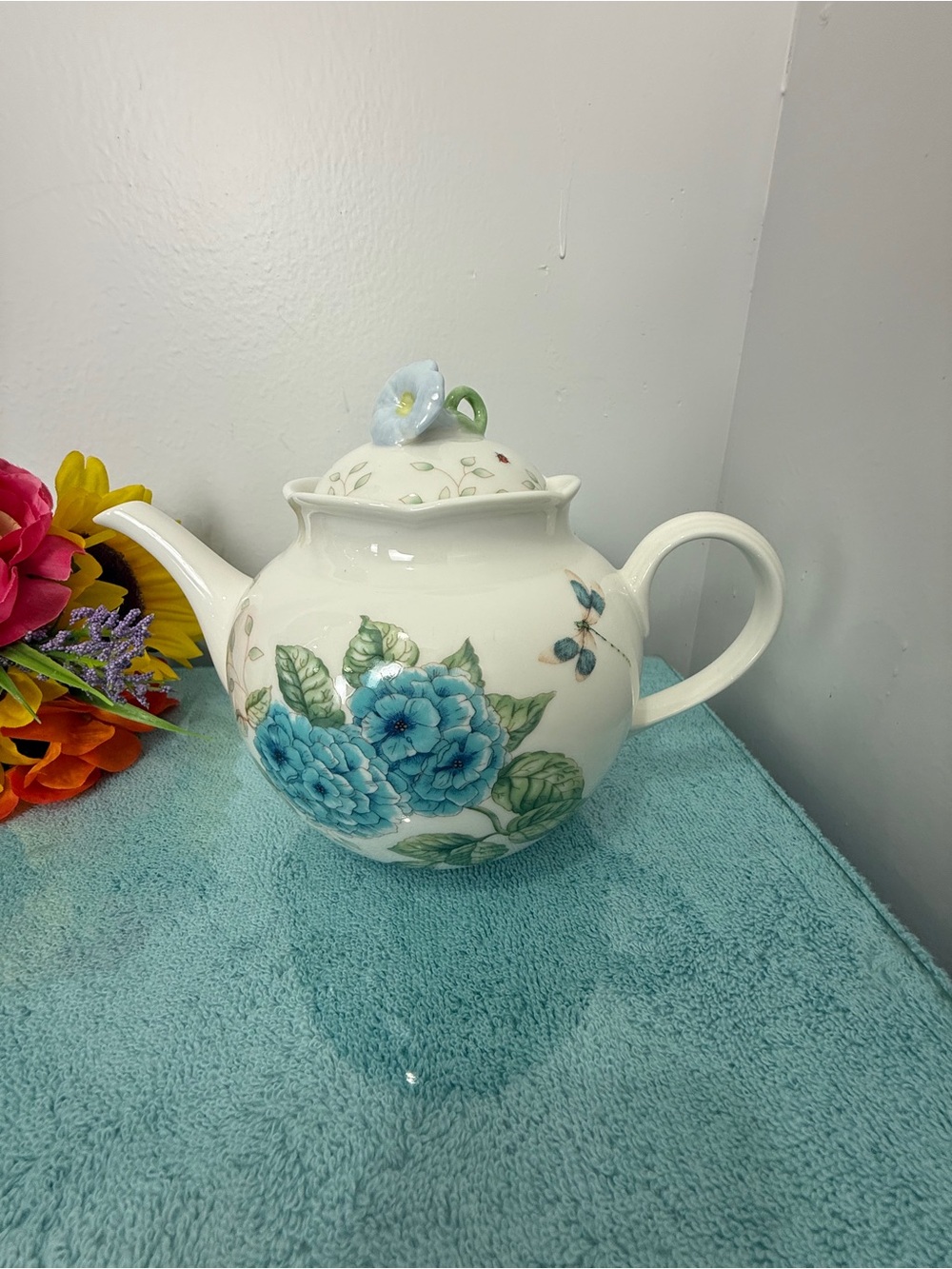 Lenox White Porcelain Teapot with Blue Floral Motif